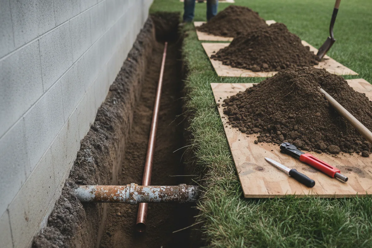 Excavated water line trench during Water Heater Repair in Paxinos